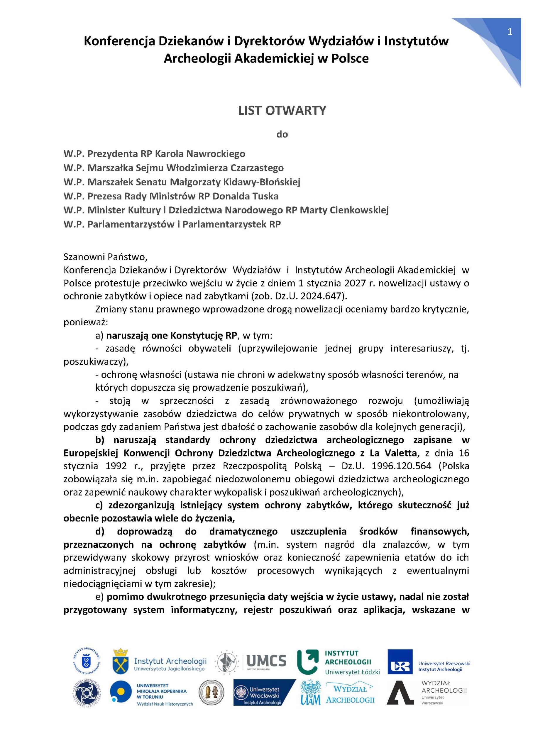 List Otwarty Konferencji Dziekanów i Dyrektorów Wydziałów i Instytutów Archeologii Akademickiej w Polsce