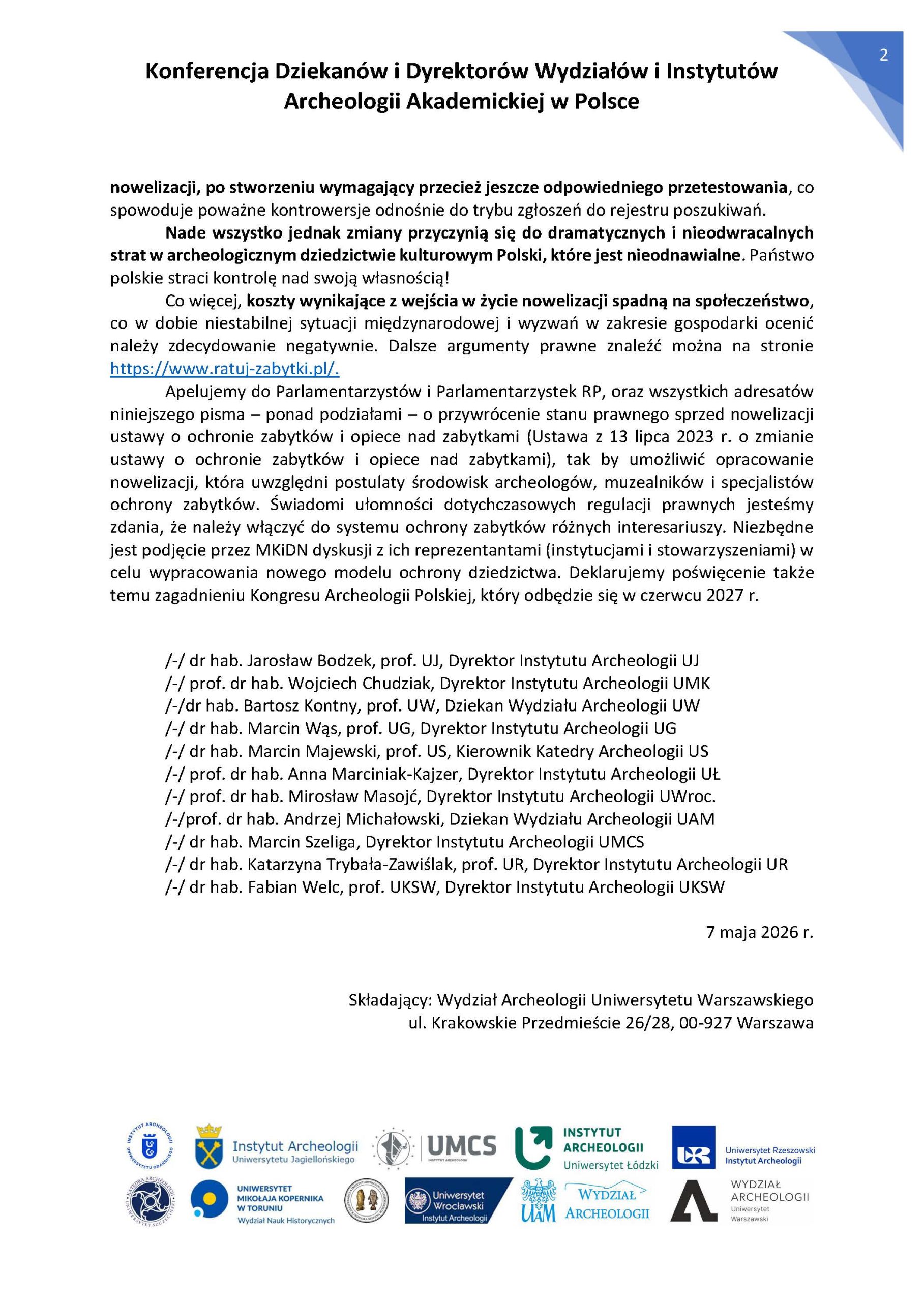 List Otwarty Konferencji Dziekanów i Dyrektorów Wydziałów i Instytutów Archeologii Akademickiej w Polsce